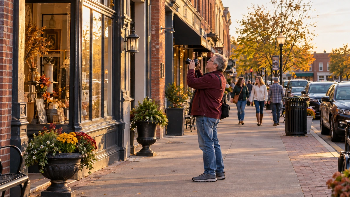 A man photographs a storefront detail on a Clarksville downtown sidewalk