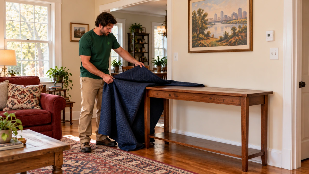 A mover folds a loose blanket away from a wood console table in a Tennessee home