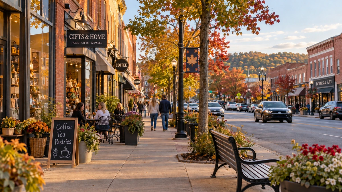 People walk and sit beside shops on a Cookeville town-center street illustration