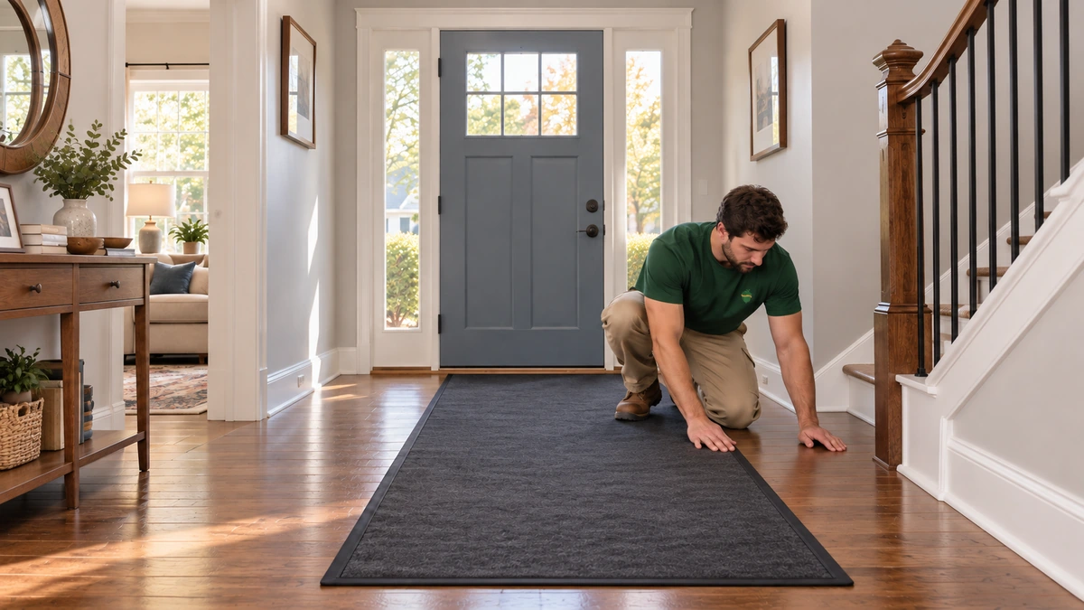 A mover smooths a protective runner in a Tennessee home entrance