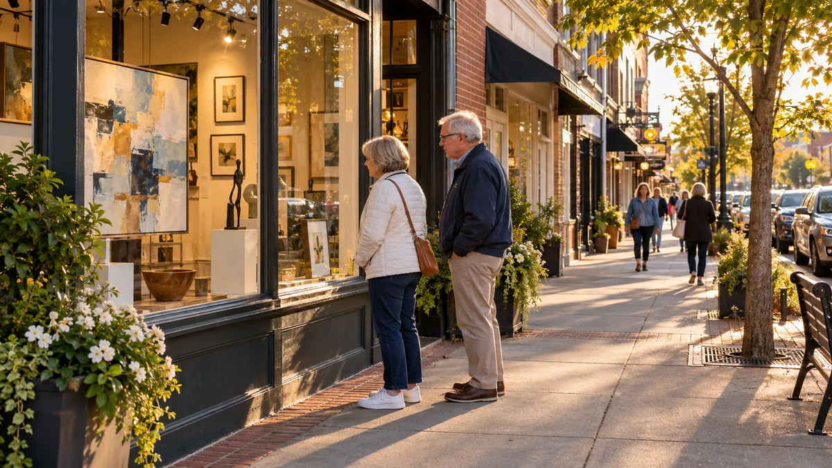 An older couple look into a gallery window on a Franklin commercial street