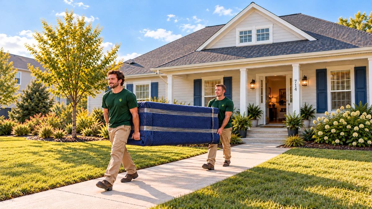 Two movers carry a blanket-protected piece of furniture along a Tennessee frontwalk