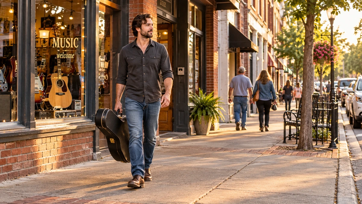 A man walks past a Jackson music shop carrying a closed guitar case