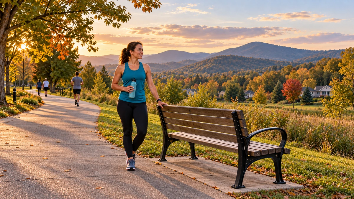 A runner pauses with a water bottle beside a bench on a Johnson City greenway illustration