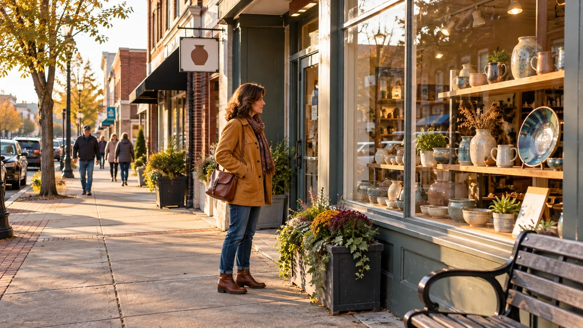 A woman looks at handmade pottery in a Kingsport shop window