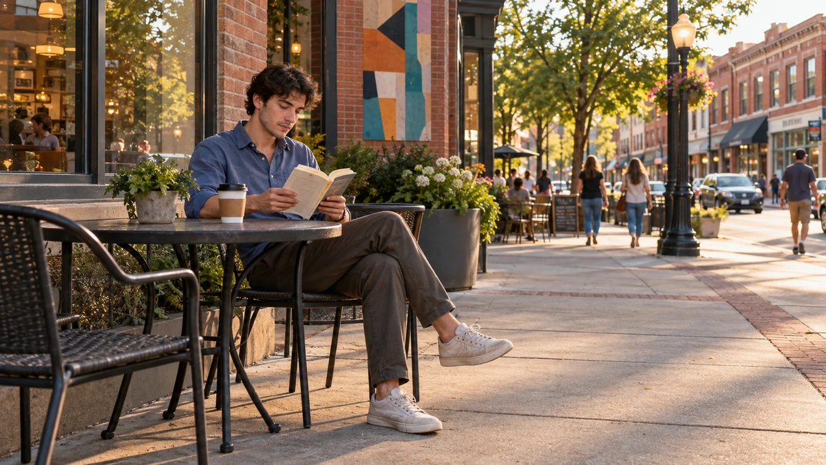 A young adult reads a paperback at a table beside a Knoxville brick storefront