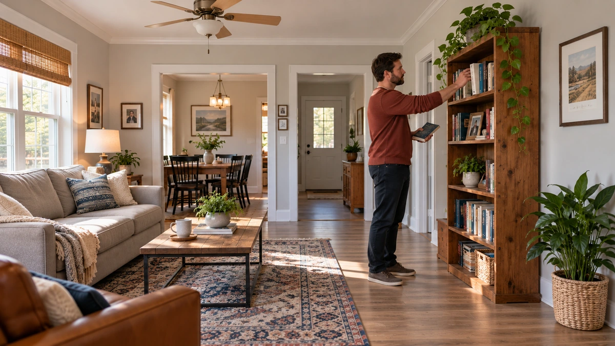 A resident puts a book onto a shelf in a furnished Tennessee living room