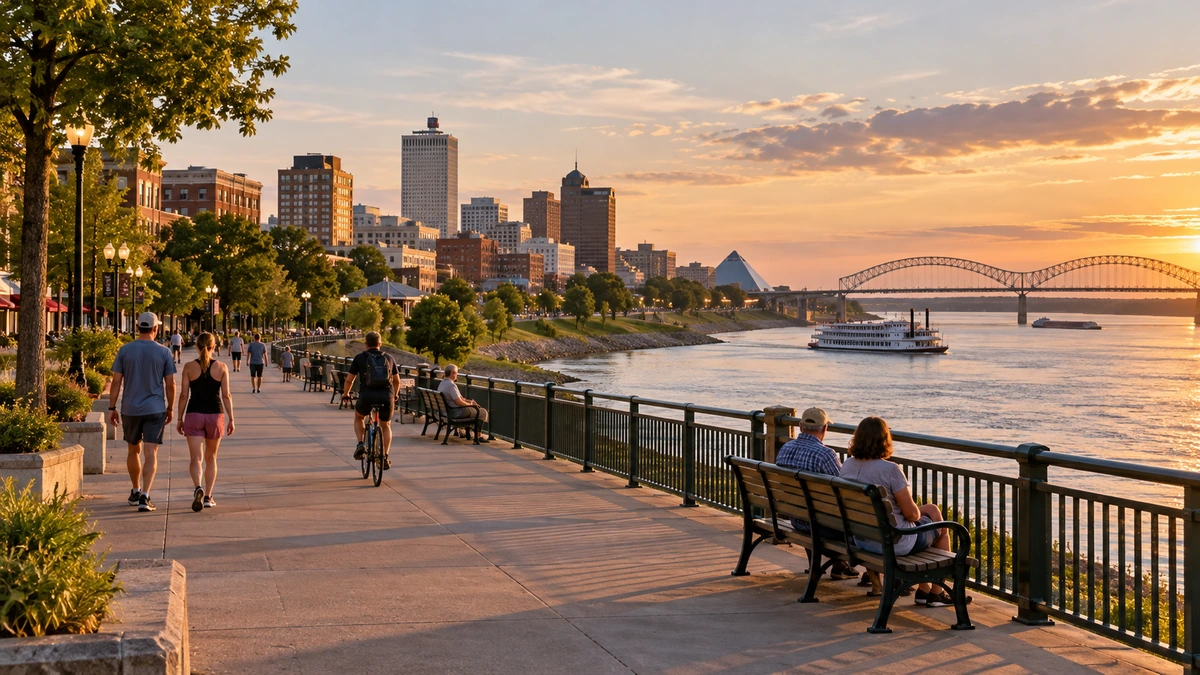 People walk, cycle and sit beside the Mississippi River in a Memphis riverfront illustration