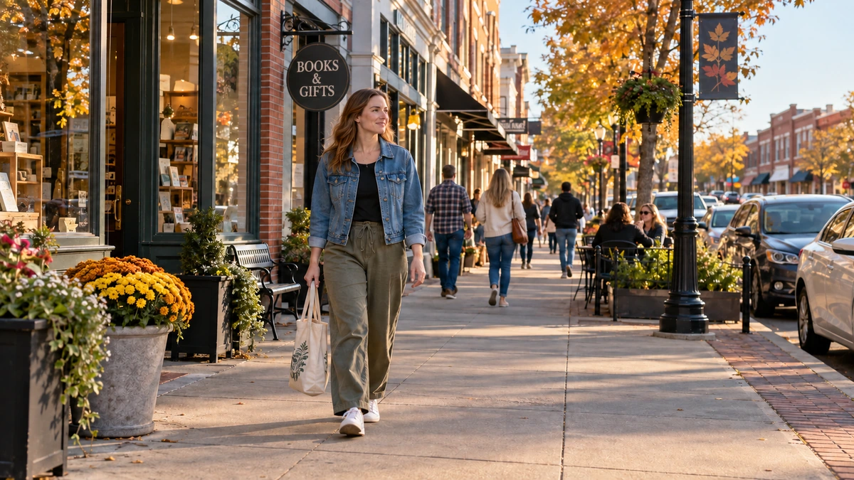 A woman carries a canvas bag along a Murfreesboro downtown sidewalk