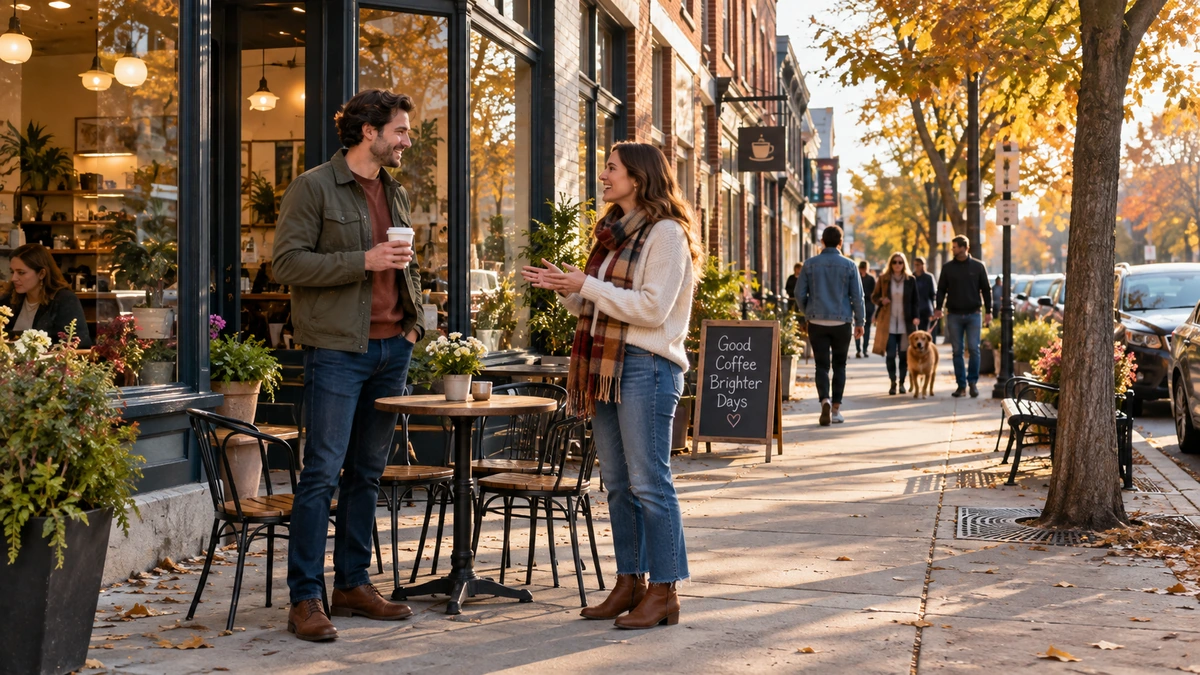 Two adults talk beside a cafe table on a Nashville neighborhood sidewalk