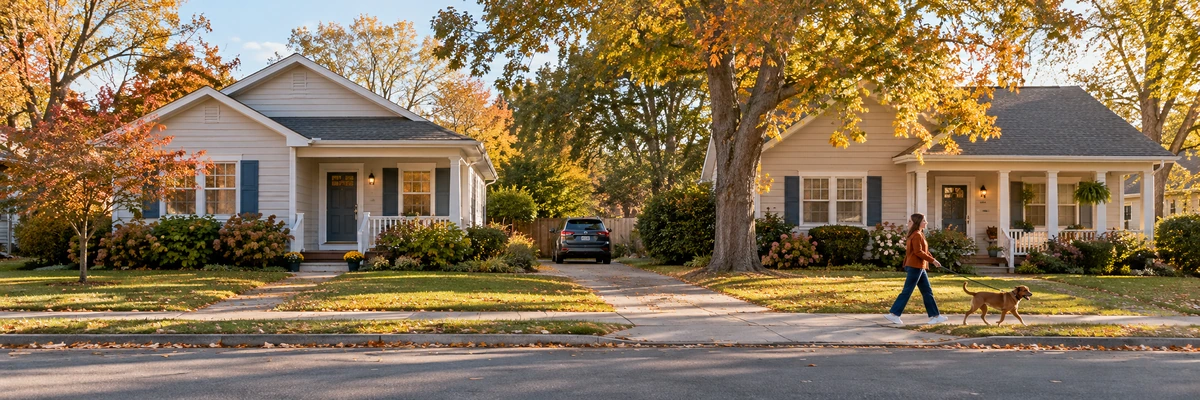 A woman walks a brown dog past light-sided Tennessee houses and autumn trees