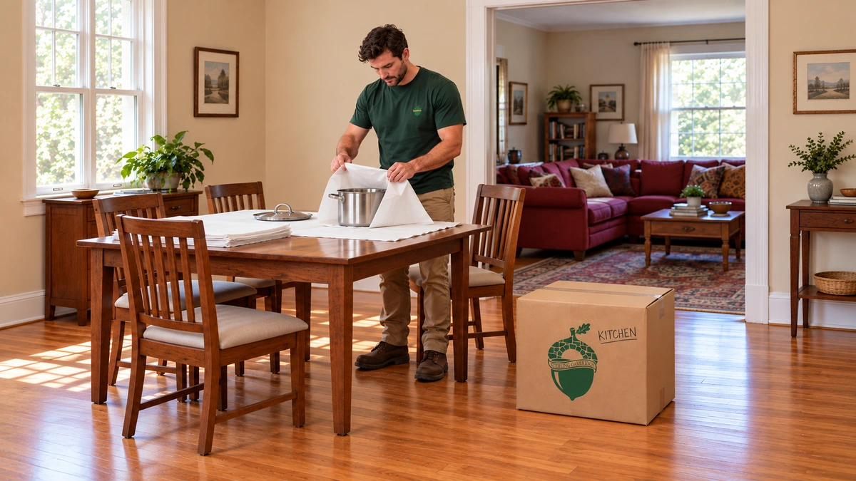 A mover folds packing paper around a pot at a Tennessee dining table beside a marked company carton