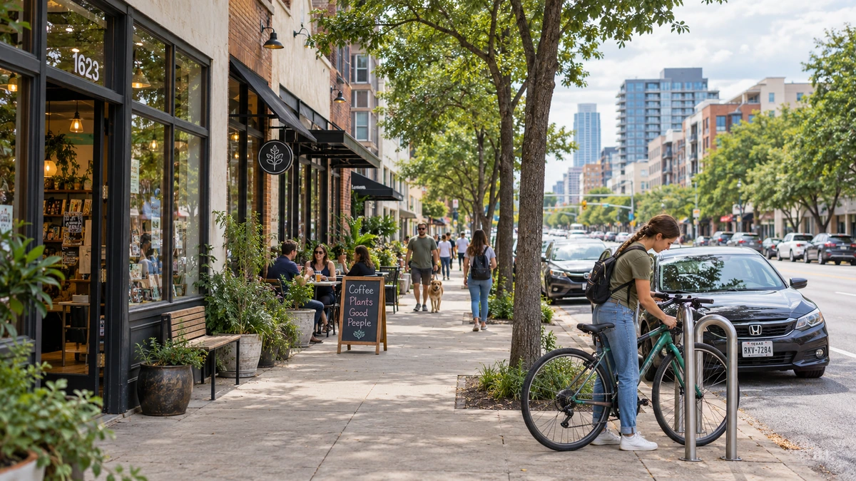 Austin mixed-use street and bicycle parking A woman stands with a bicycle at a sidewalk rack beside Austin-style shops and apartments