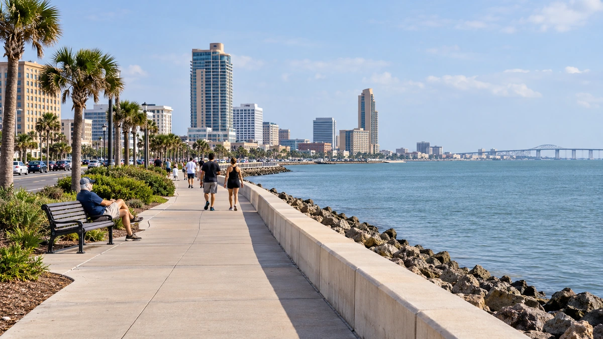 Corpus Christi coastal-city promenade and bay setting People use a broad bayfront promenade beside palms, a seawall and city buildings