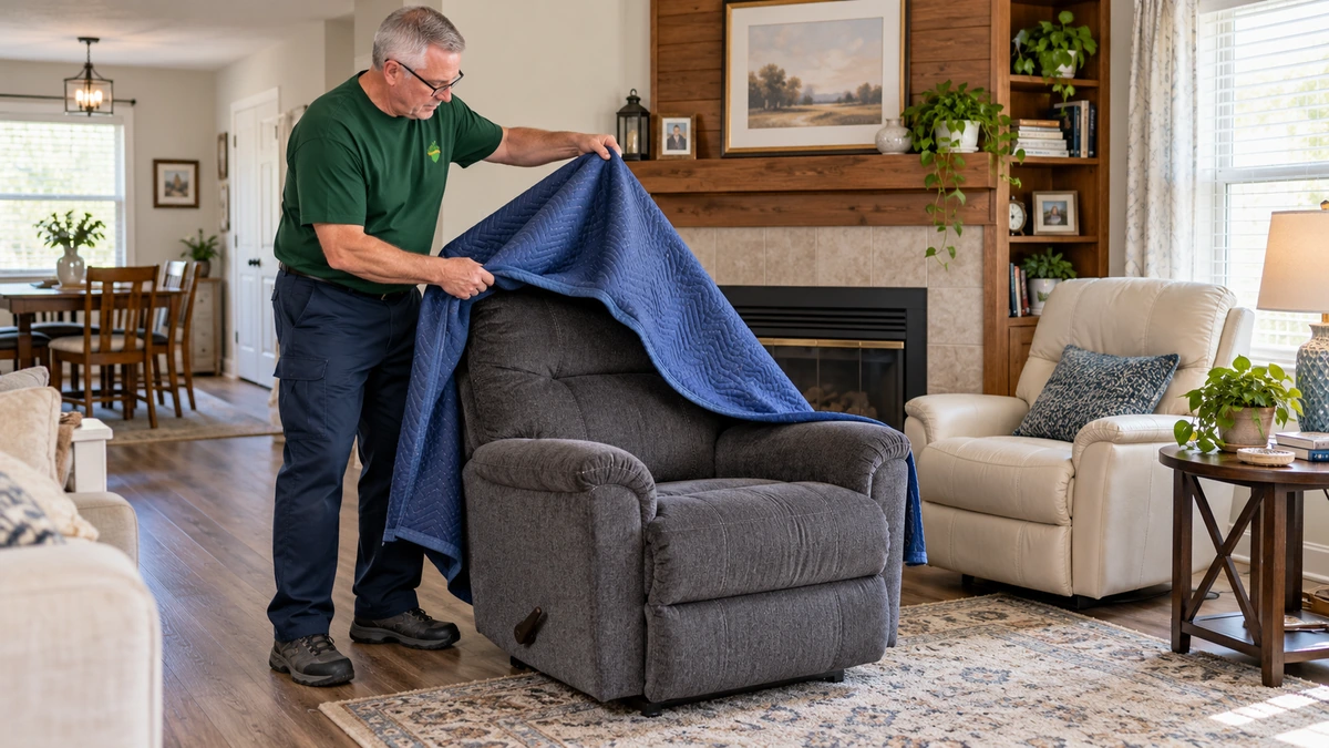 Texas delivery recliner unwrapping A male mover lifts a blue moving blanket from a placed grey recliner