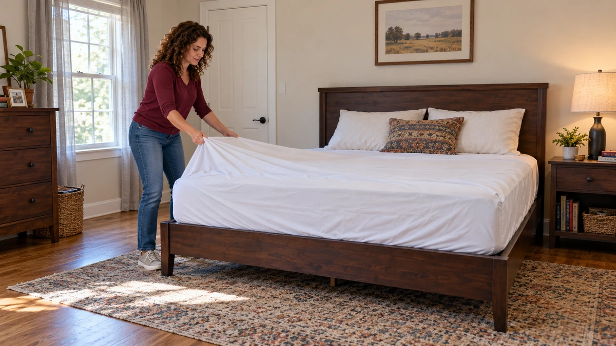 Texas first-week bedroom essentials A resident spreads a clean sheet across a bed in a furnished Texas bedroom