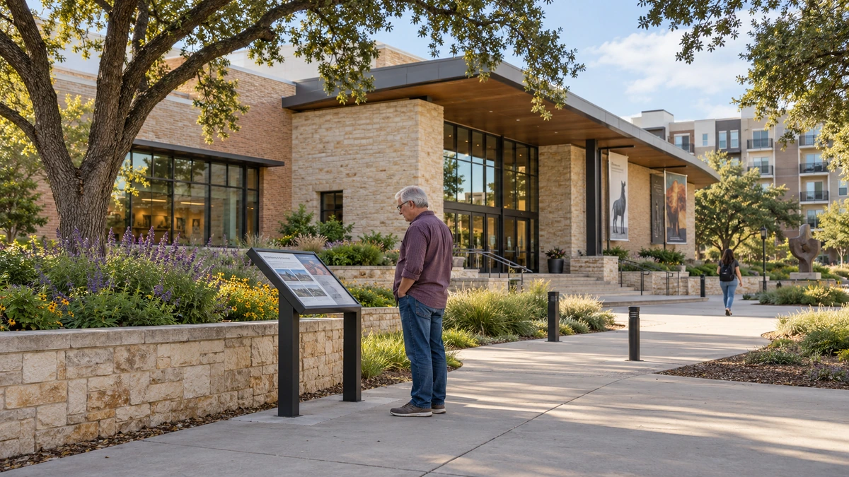 Fort Worth cultural-city building and public garden An older man reads an information board outside a stone-and-brick cultural building