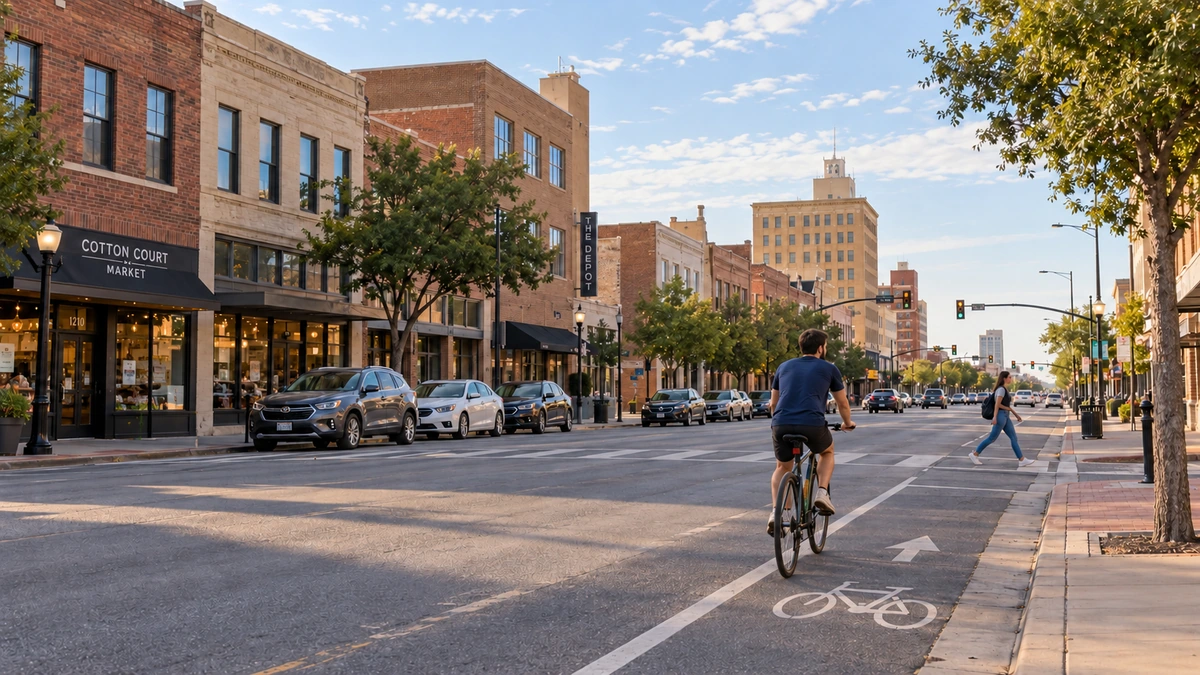 Lubbock city street and marked bicycle lane A cyclist rides away along a marked lane beside a low-rise Lubbock-style city street