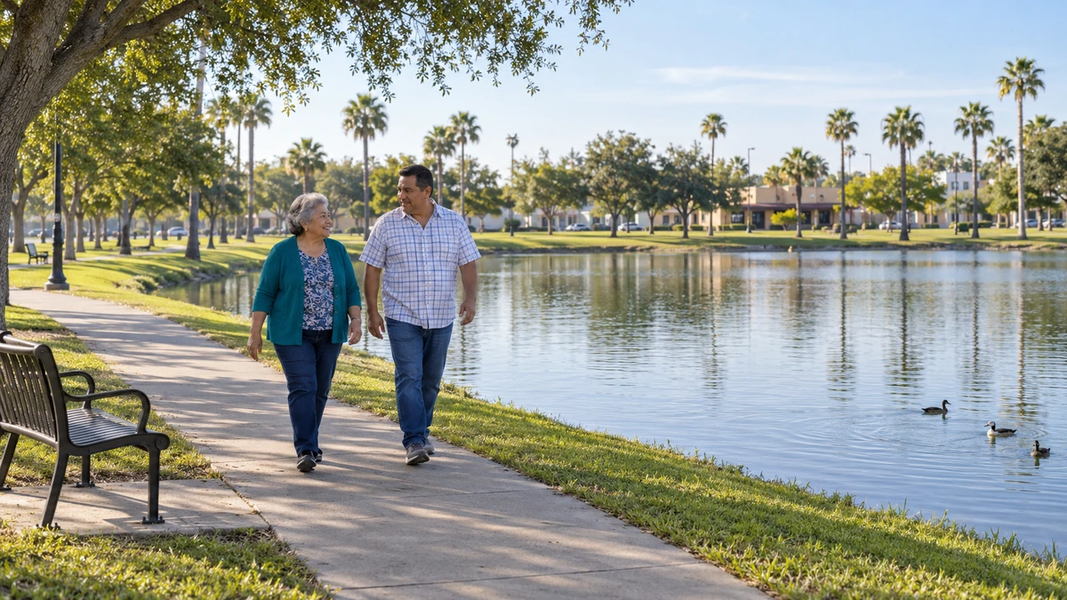 McAllen urban lake park and community setting Two people walk beside a park lake with palms and low city buildings beyond
