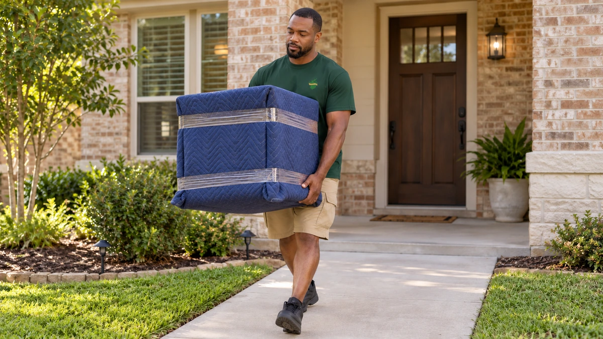 Texas protected cabinet carry on a clear approach A male mover carries a blanket-covered bedside cabinet along a level Texas front path