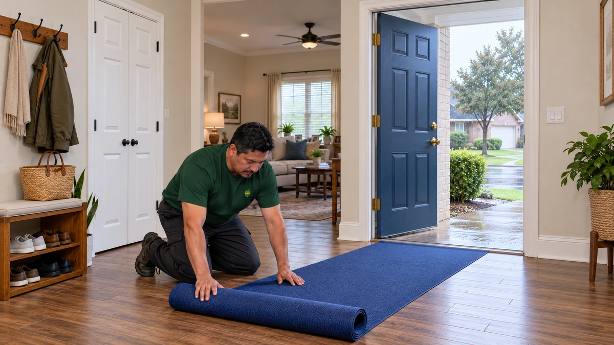 Texas rainy-day entrance floor protection A male mover rolls out a blue floor runner inside a furnished entrance on a rainy day