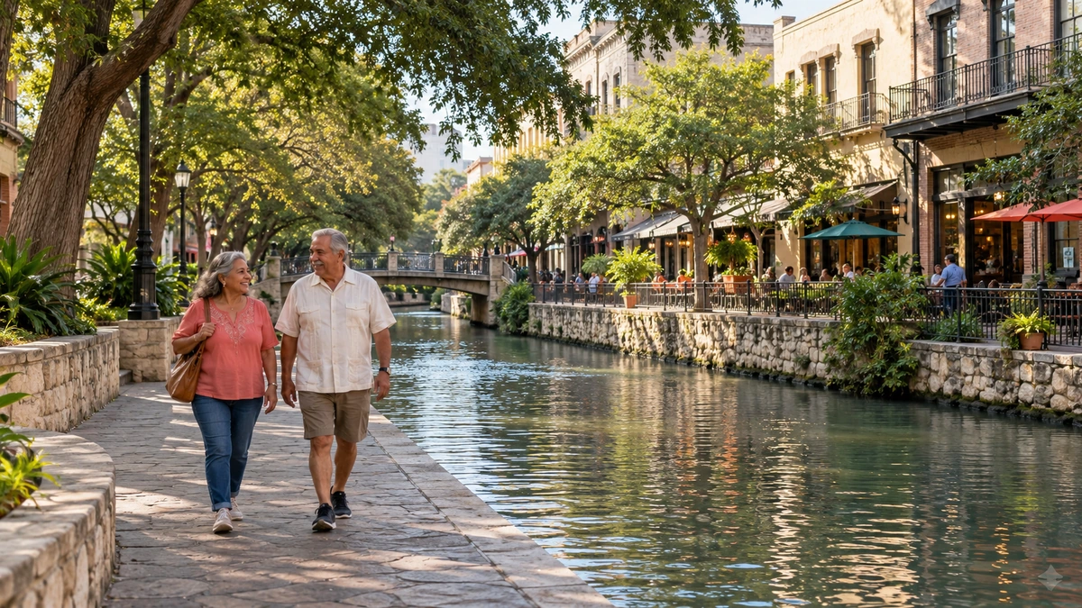 San Antonio riverside path and older city streetscape An older couple walks beside a shaded urban waterway and historic-style San Antonio buildings