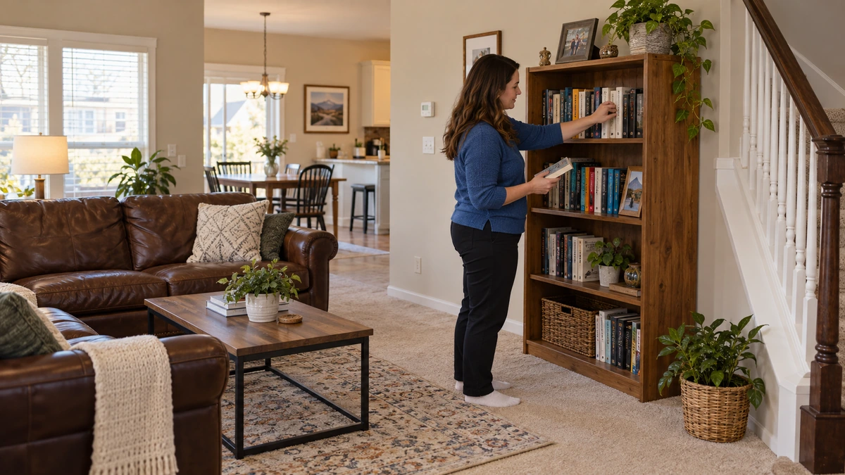 A resident places a book on a shelf in a furnished Utah home