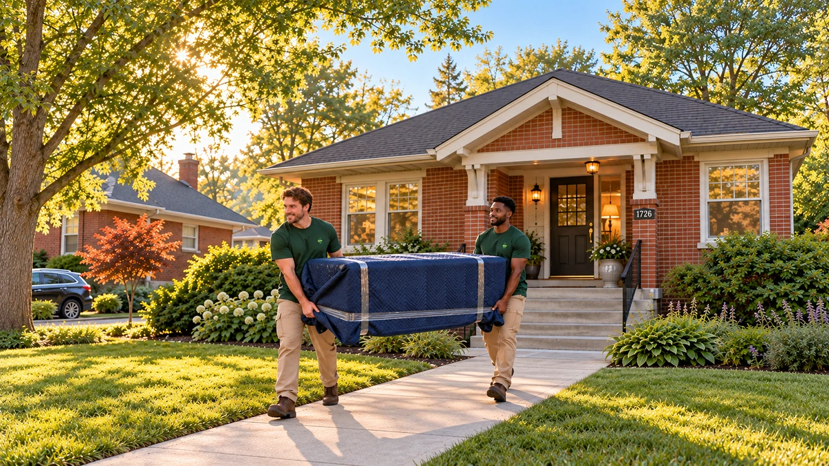 Two movers carry blanket-protected furniture along a Utah brick-home front walk