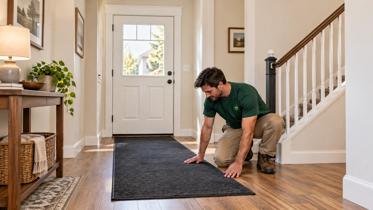 A mover smooths a dark floor runner in a furnished Utah entry