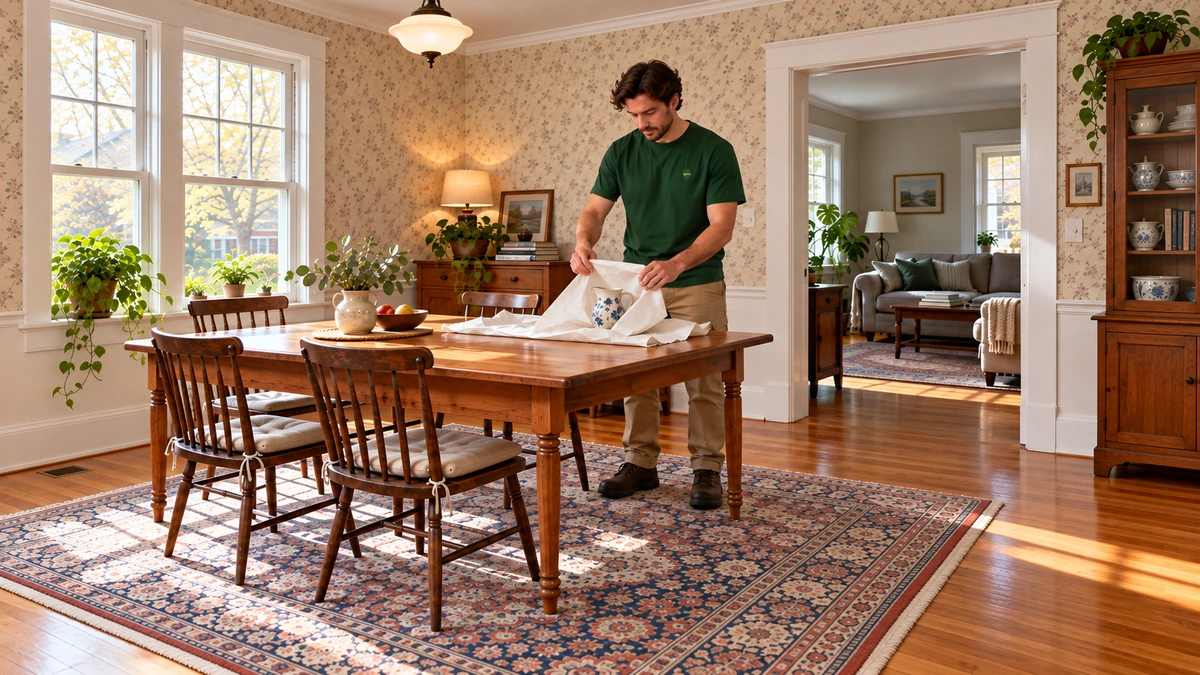 A mover folds packing paper around a ceramic pitcher on a dining table