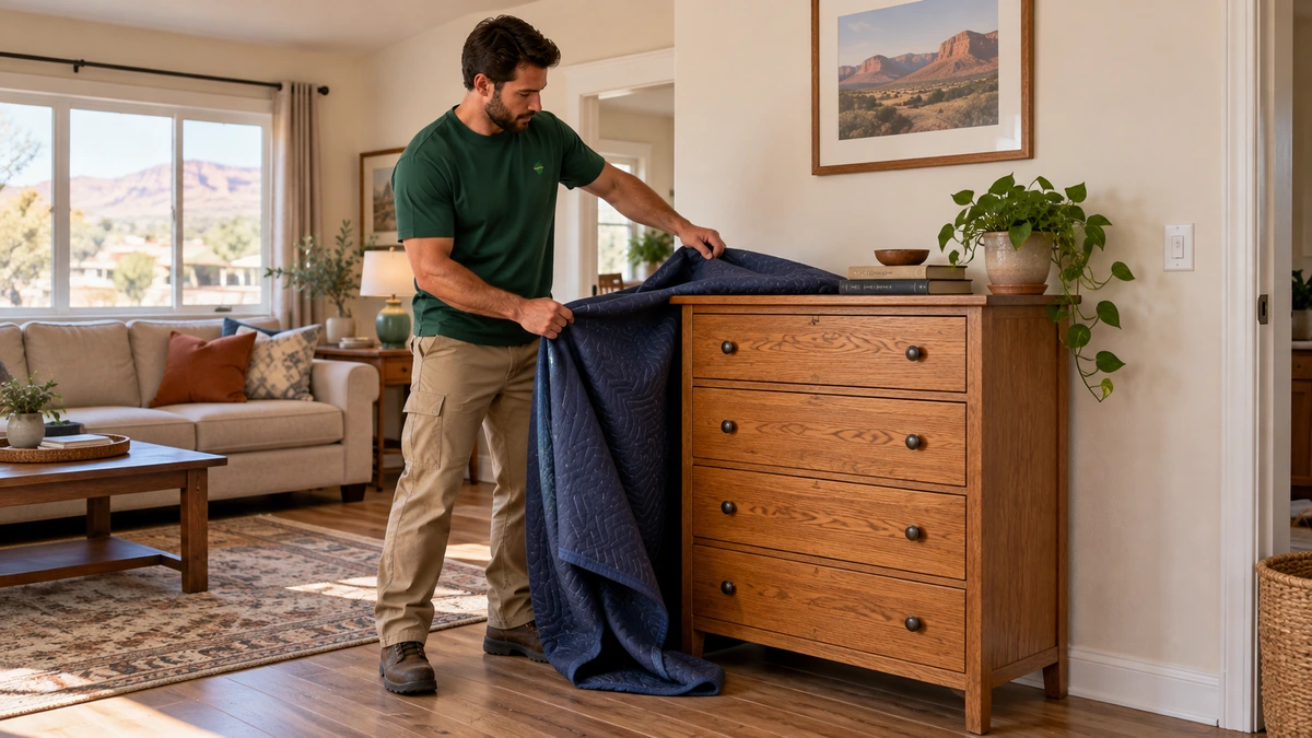 A mover folds a moving blanket away from an upright oak dresser