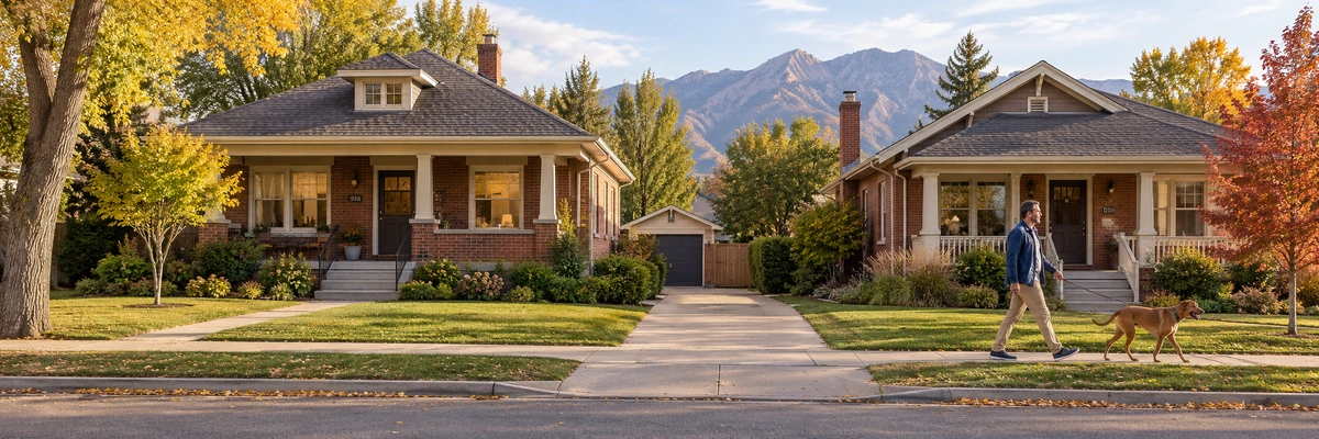 A man walks a brown dog along a sidewalk beside Utah brick bungalows and autumn trees