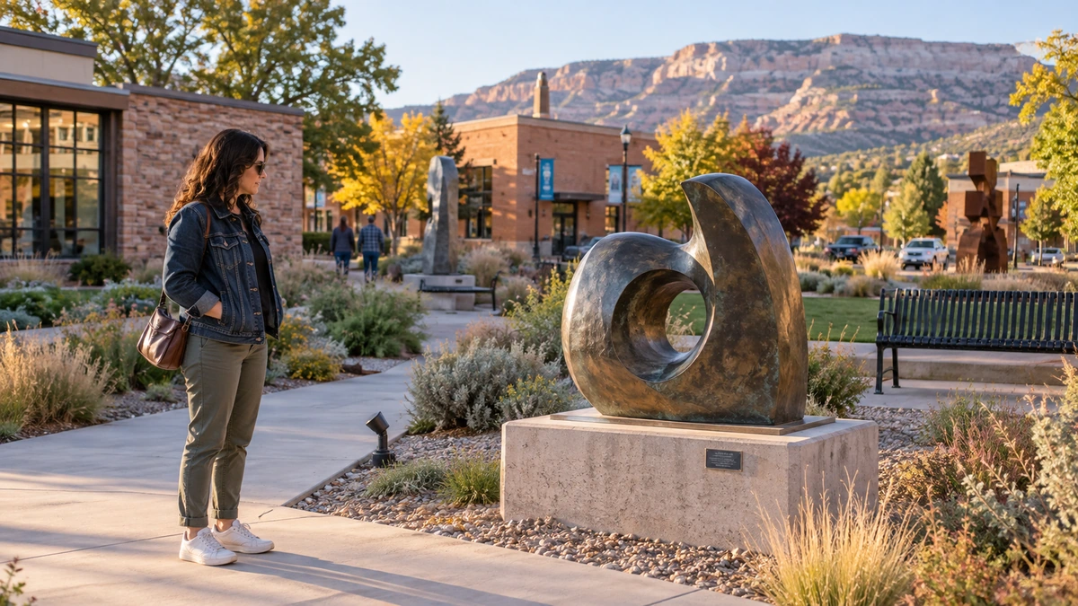 A woman looks at an abstract outdoor sculpture in a Cedar City garden