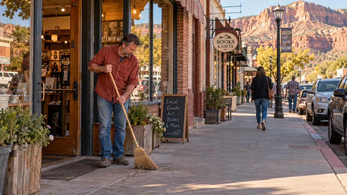 A man sweeps the sidewalk outside a Kanab shop