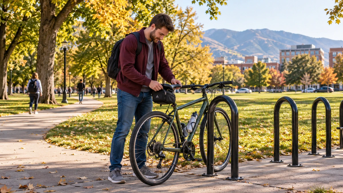A man adjusts a bicycle saddlebag beside a park bicycle rack in Logan