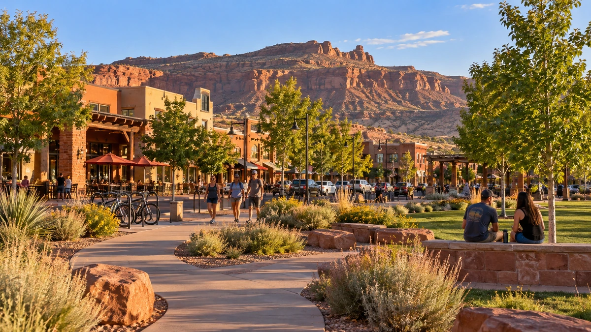 A Moab public path passes planted beds, seating and low town buildings below sandstone hills