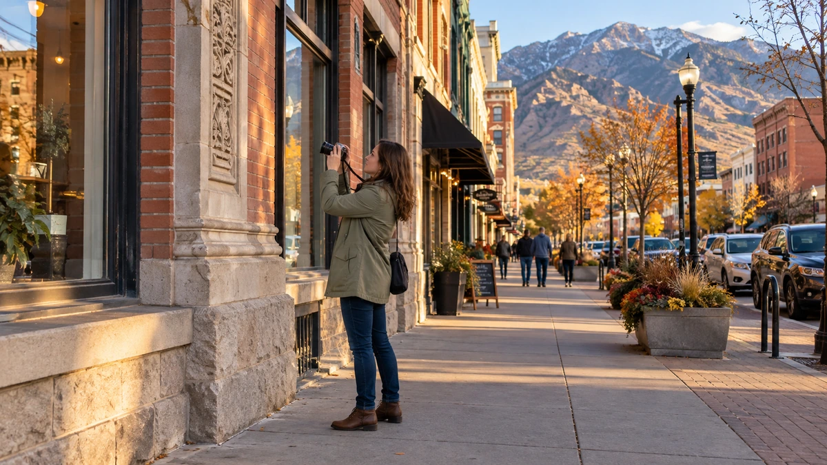 A woman photographs an ornamental building detail on an Ogden sidewalk