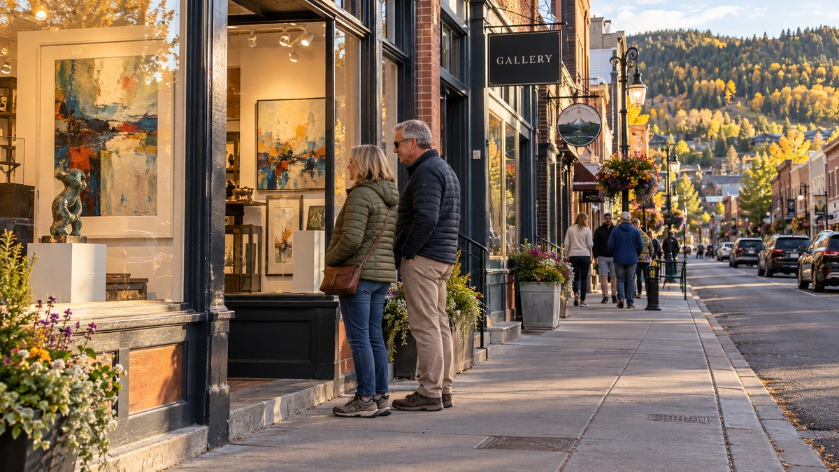 Two adults look into a gallery window on a Park City street