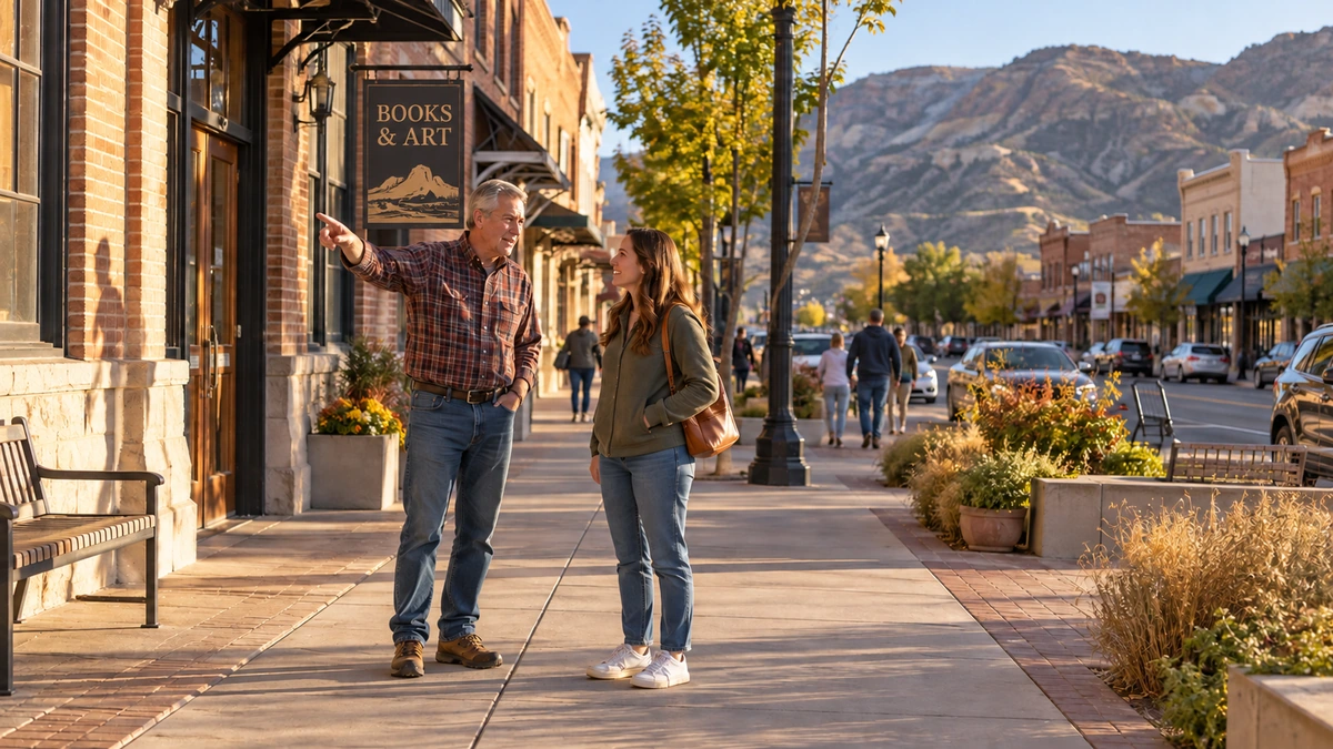 Two adults talk on a Price downtown sidewalk beside older brick shops