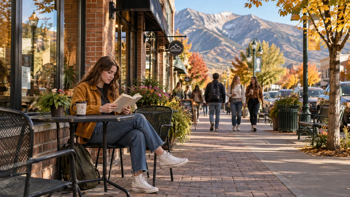 A woman reads an open paperback at an outdoor table on a Provo street