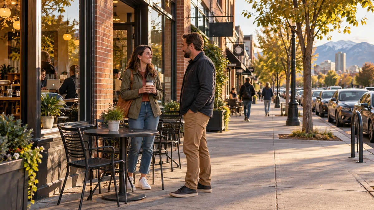 Two adults talk beside an outdoor cafe table on a Salt Lake City sidewalk