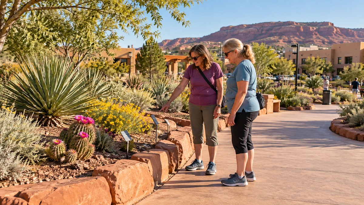 Two women look at flowering desert plants beside a paved St. George garden path