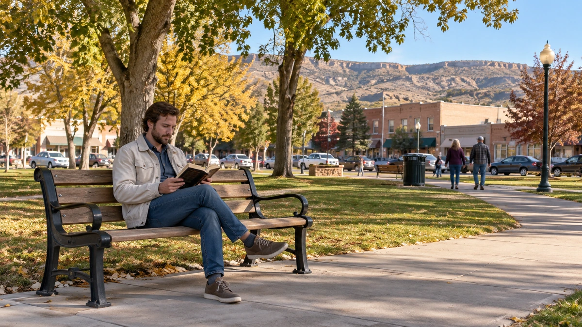 A man reads on a park bench in a Vernal town setting