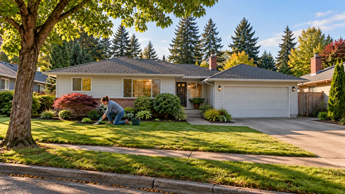 A resident tends a garden bed beside a single-story house with an attached garage.