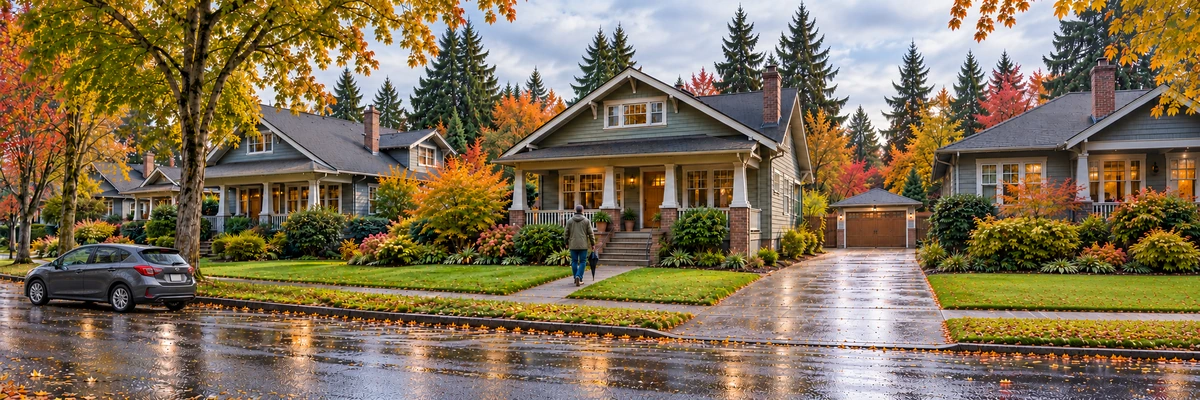 A resident follows a curved front path toward a Craftsman porch on a tree-lined Washington street.
