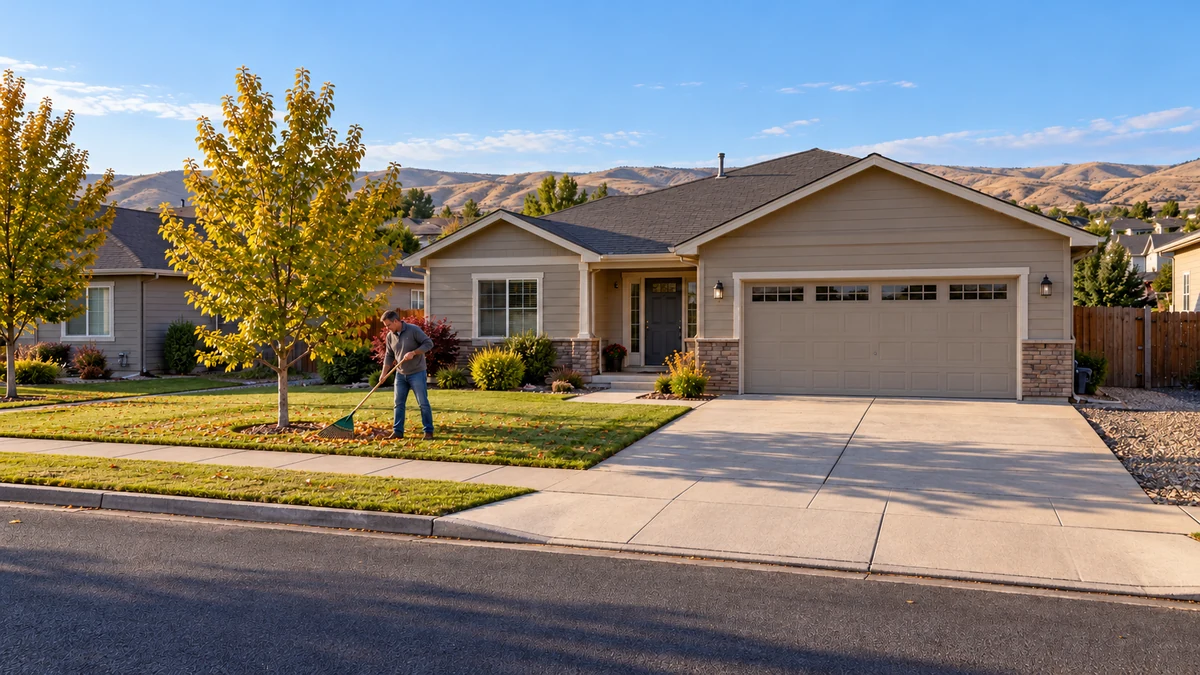 A resident rakes fallen leaves beside a newer ranch house and open garage driveway.