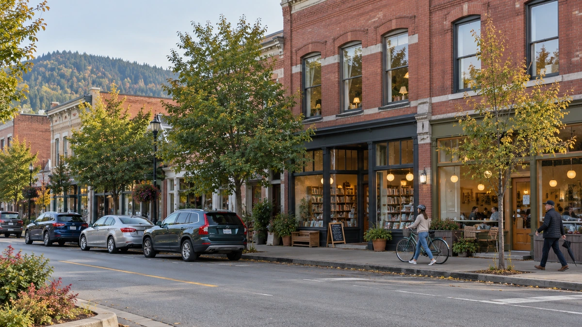 A resident walks a bicycle along a sidewalk beside redbrick shops in a Bellingham-style town center.