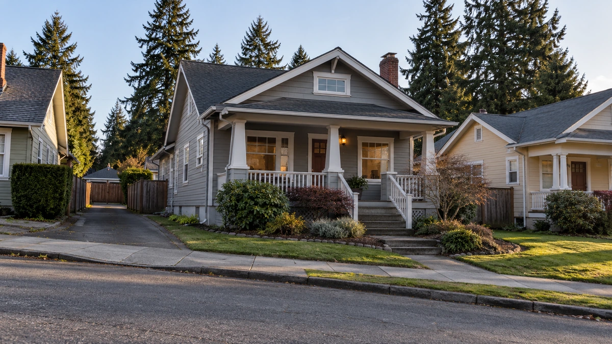 A small porch home has raised front steps and a separate narrow side driveway.
