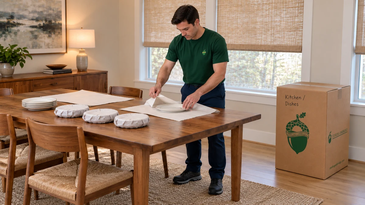 A mover wraps a white plate in paper on a dining table beside a sealed dish carton.