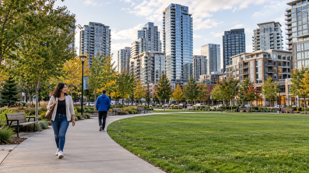 Two residents walk along a curved park path with modern city buildings beyond.